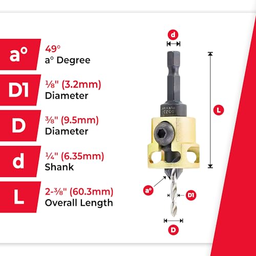 Amana Tool Carbide Tipped Adjustable Countersink with Depth Stop, 55237, 3/8 Dia x 49 Degree Angle x 1/4 Shank, Includes Replacement Drill Bit 630-226