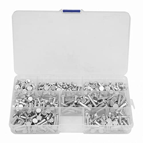 350pcs Solid Aluminum Rivets M4 Kit, Flat Head Boat Rivets Set, Length 4/6/8/10/12/16/20 mm Solid Metal Rivets Assortment Kit, with Plastic Box