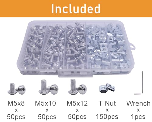 300Pcs M5 T Nut Screw Kit for 2020 Aluminum Extrusion Hardware, 150Pcs M5 Slide in T Nut, 50Pcs M5x8, M5x10, 50Pcs M5x12mm Screws and 1Pcs Wrench,for 2020 V T Slot Extrusion Hardware (Silver Kits) 300pcs 20 Series Silver Screws Kit