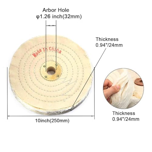 10-inch Polishing Cotton Buffing Wheel 250mm,1-PCS Extra Thick 0.94in/24mm 100 Ply for Bench Grinder Arbor Hole φ1.26-in(32mm) Cotton Buffing Wheel