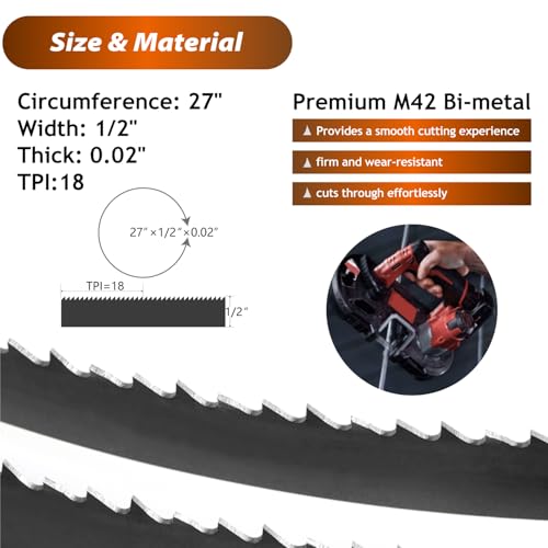 27 Inch Bandsaw Blades 18 TPI (5-Pack) for DeWalt DCS377 DCS377B DCS377Q1 DCS375 DCS375B Bandsaw and Milwaukee M12 2429-20 2429-21XC 48-39-0572 Portable Band Saw, 27" x 1/2" x 0.02" 18TPI