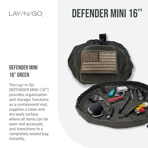 Lay-n-Go Defender Tactical Go Bag - Every Day Carry Lay-Flat Military Style Gear Stash Travel Sack w/Zippered & Mesh Pockets - Water-Resistant, Machine-Washable EDC (16", Combat Green) 16 inch Defender Mini (16")