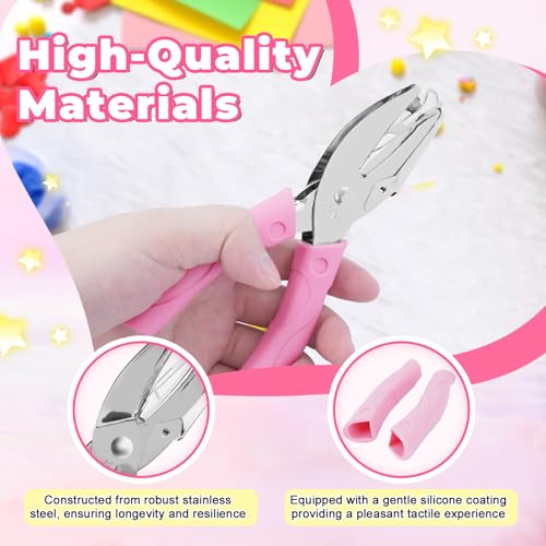 UCEC 5pc Metal Handheld Single Hole Punch, Small Hole Puncher for DIY Craft Heart+Star+Circle Pink 5