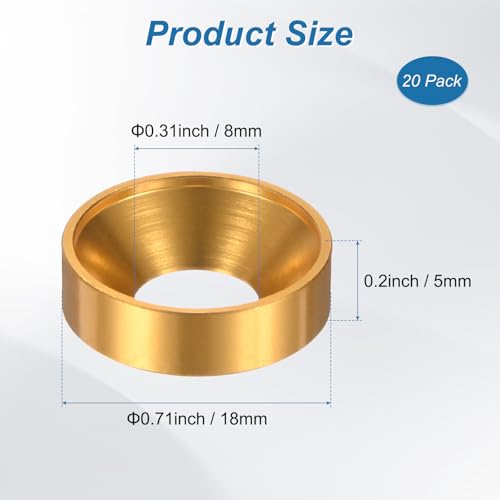 M METERXITY 20-Pack M8 Countersunk Finish Washers, Hole Dia 0.31"/8mm Alloy Aluminum Finish Cup Washer Screw Head Gasket for Industrial/Screw RC/Car/Motorcycle/Mechanical Parts [Golden] Golden