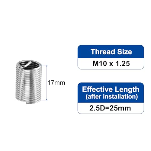 uxcell 50pcs Wire Thread Inserts M10 x 1.25 2.5D(25mm) Metric 304 Stainless Steel Helical Type Coiled Thread Repair Kit Wire Screw Threaded Sleeve Sheath for Mechanical Equipment M10 x 1.25 x 2.5D(25mm) 50