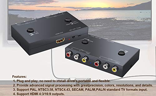 2 RCA to HDMI, 1080P 2 Way RCA Composite CVBS AV Switch to HDMI Video Audio Converter Adapter Supporting 4:3/16:9, for PC Laptop Xbox PS2 PS3 N64 NGC SNES WII VHS VCR Camera DVD 2 Way RCA Converter