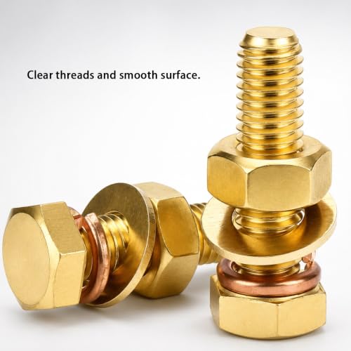 4pcs 1/4-20 x 1 Hex Screw Bolts + Hexagon Nuts + Flat Washers + Spring Lock Washers Kit, Conductive Brass Copper Hex Head Bolt, Full Threaded Heavy Duty Screw Bolts Kit 1/4-20 x 1", 4pcs