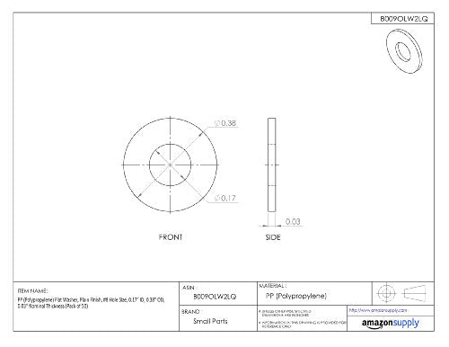 PP (Polypropylene) Flat Washer, Plain Finish, #6 Hole Size, 0.15" ID, 0.38" OD, 0.03" Nominal Thickness (Pack of 50) 0.150' Inches 0.380' Inches 0.030' Inches