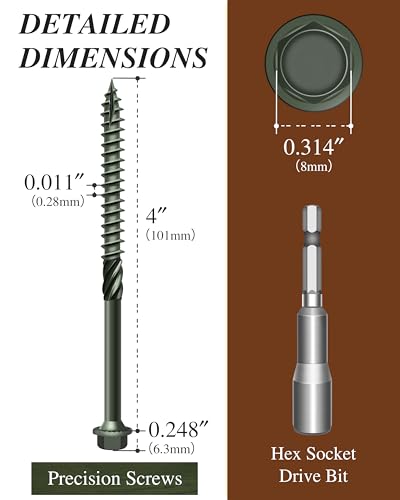 100Pcs #14 x 4 Deck Screws Hex Flanged Head Lag Screw Bolts, Epoxy Coated Rust Resistant Exterior Structural Wood Screws 4 Inch, Hex Socket Included Green Outdoor Decking Screw for Wood Fence 14 x 4" 100
