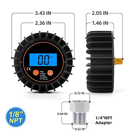 MEANLIN MEASURE 0-300psi Pressure Gauge with 1/8'' NPT Back Connector and Rubber Protector,LED Digital Display,Accuracy 1% .F.S. 0 - 300 PSI Back Mount