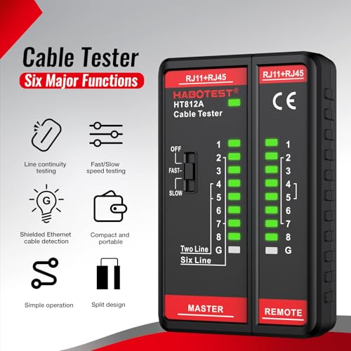 Network Cable Tester, HABOTEST HT812A with RJ45 RJ11 Port, Ethernet Cable Tester Tool,Speaker, Coax, Video, and Data Fast/Slow Gear, 60V Cable Telephone Line Continuity Test for CAT5/CAT5E/CAT6/CAT6A