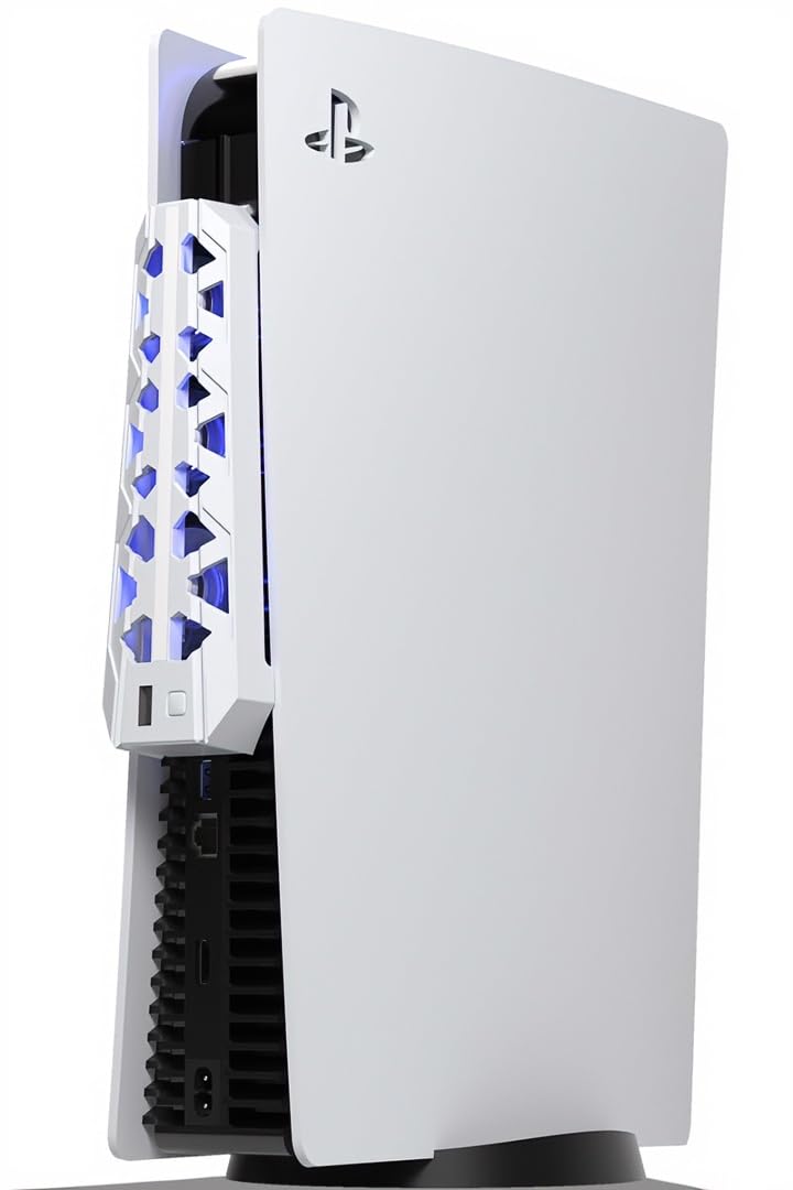 PS5 Cooling Fan (Not for Slim/Pro) High-Efficiency Cooler with USB3.0 | Cooling Fan for PS5, PS5 Accessories with Quiet Cooler Fan, Air Balance Blade, Blue Led Light Light Gray