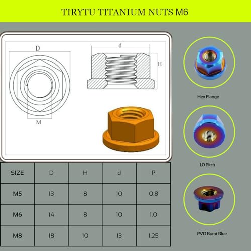 10PCS Titanium Flange Hex Nut M6, Burnt Blue M6 1.0mm Pitch