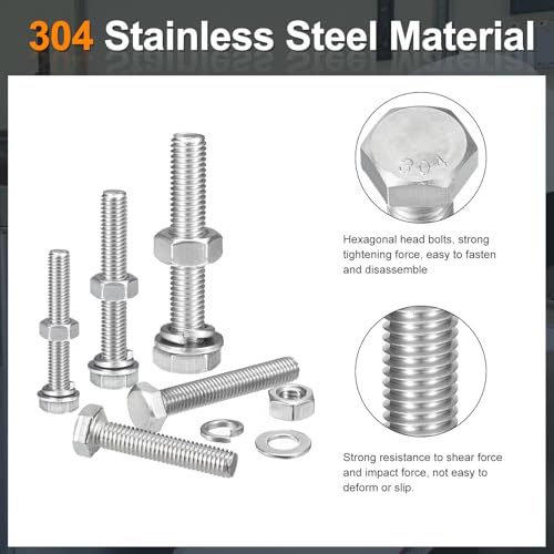 uxcell 20Set Hex Head Screw Bolt, 1/2-13 x 1-1/2" 304 Stainless Steel Fully Threaded Screw Bolt with Nuts, Flat & Lock Washers, Silver 1/2-13 x 1-1/2" 20