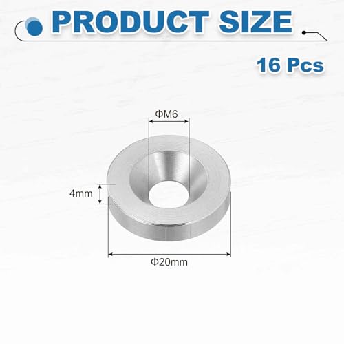 MECCANIXITY 16 Pcs M6 Finish Countersunk Washer, 4x20mm 304 Stainless Steel Counterbore Head Washers Gaskets Shim for Mechanical Accessories Parts, Silver M6x4x20mm