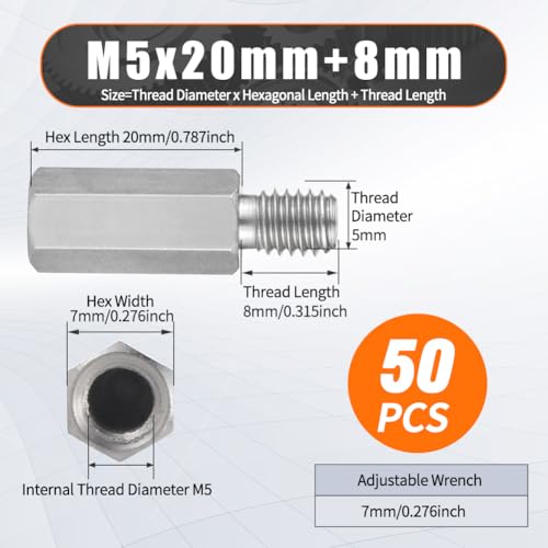 Hex Male-Female Standoffs, M5x20+8mm Standoff 50-Pcs 303 Stainless Steel