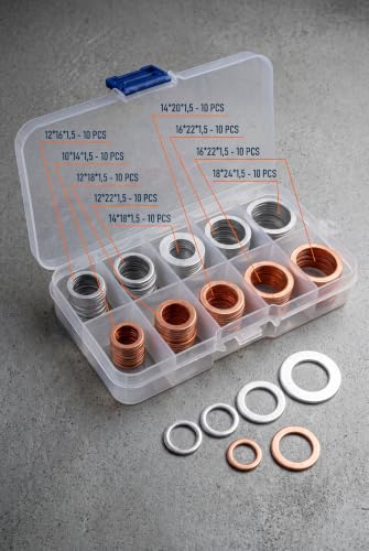 100 PCS Oil Drain Plug Crush Washers, M10 M12 M14 M16 M18 Assortment Kit, Mixed Copper and Aluminum Sealing Gaskets with Plastic Storage Box, Universal Car Oil Pan Drain Plug Replacement
