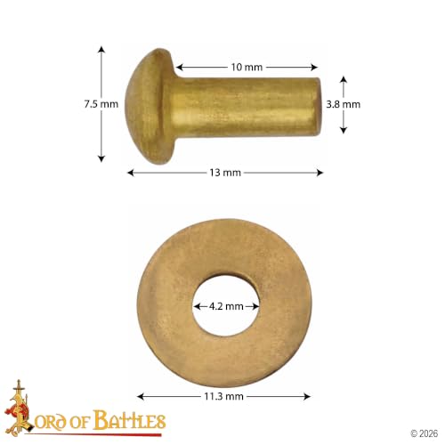 Lord of Battles Mushroom Head Rivets - Heavy Duty Solid Rivets Perfect for Wood, Metal, Leather & DIY Projects, Plate Armour or Helmets Repair 10mm Mushroom Head - Set of 50