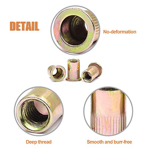 Keadic 220Pcs Metric Zinc Plated Carbon Steel Rivet Nut Flat Head Threaded Insert Nutsert Assortment Kit - 7 Sizes：M3 M4 M5 M6 M8 M10 M12