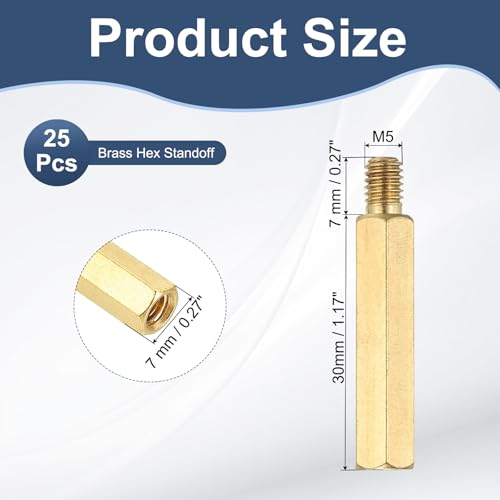 PATIKIL M5 Brass Hex Standoff, 25 Pcs PCB Motherboard Spacer Screws for Drone Quadcopter Computer Build Electronic Projects Circuit Board, Gold (M5 x 30mm+7mm) M5 x 30mm+7mm