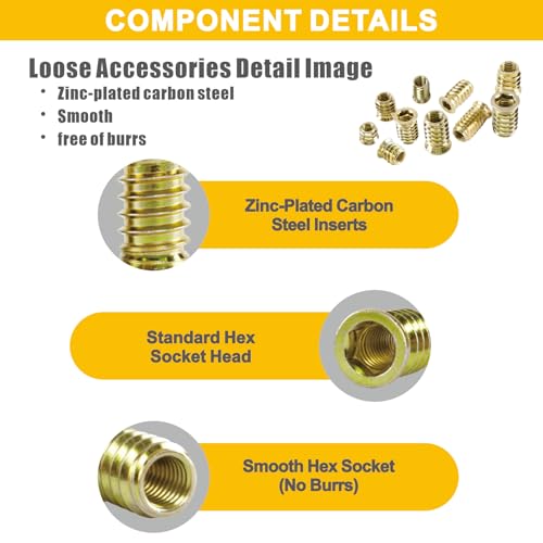 170 PCS Threaded Inserts for Wood Assortment Kit - 10 Sizes (1/4"-20, 5/16"-18, 3/8"-16) with M6/M8/M10 Hex Wrenches - Steel Inserts for Furniture Screws, Wood Furniture & Cabinet M LMTJ001 golden