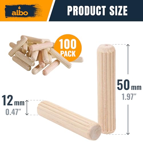 ALBO 100 Pcs Wooden Dowel Pins, Fluted Hardwood, 12x50 mm, 15/32" x 1.97" 12x50mm - 100pcs