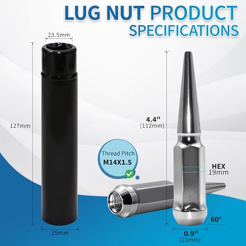 M14X1.5 Chrome Silver Wheel Spike Lug Nuts, 24 PCS Lug Nut Wheel Accessories with 1 Socket Key, Thread Spiked 4.4" Long Closed End Nuts Compatible with Silverado Sierra 1500 M14X1.5-24PCS