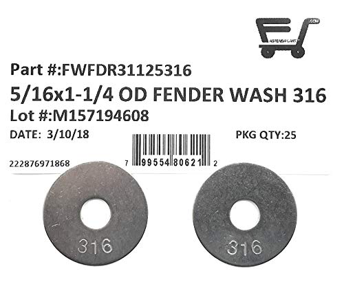 5/16 ID x 1-1/4 OD Stainless Steel Fender Washer Large OD Flat Washers .050 Thick 316 SS (25 Pieces)
