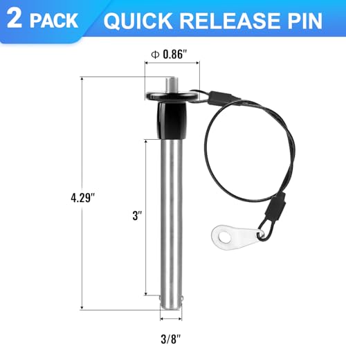 2Pcs 3/8" x 3" Quick Release Pin with Lanyard, 304 Marine Grade Stainless Steel Ball Lock Pin with Push Button, Quick Release Dowel Pin for Boat Bimini Top, Deck Hinge & Gym Equipment 3/8" Dia 3" L
