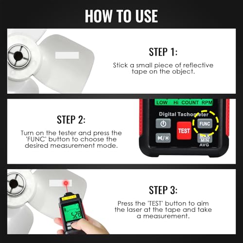 Digital RPM Tachometer 10-99999 RPM High Accuracy Laser Non-Contact RPM Meter with Reflection Tape, LCD Backlight & Max/Min/AVG, Data Hold, RPM & Counting Speed RPM Tester Rotational