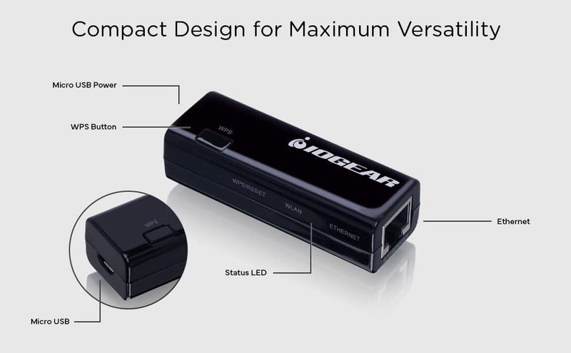 IOGEAR Universal Ethernet to Wi-Fi N Adapter - Speeds of up to 300Mbps on 2.4GHz - Push-button Wi-Fi Protected Setup (WPS) - Supports WEP, WPA, WPA2, TKIP and AES encryption - GWU637