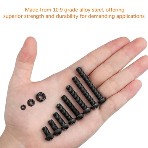 439PCS Metric Bolt and Nut Assortment Kit - M3 M4 M5 Machine Screws with Lock & Flat Washers, Grade 10.9 Alloy Steel Hex Socket Button Head Silver Screw Set for Hardware, 3D Printer, and DIY Projects Black Size: 439Pcs