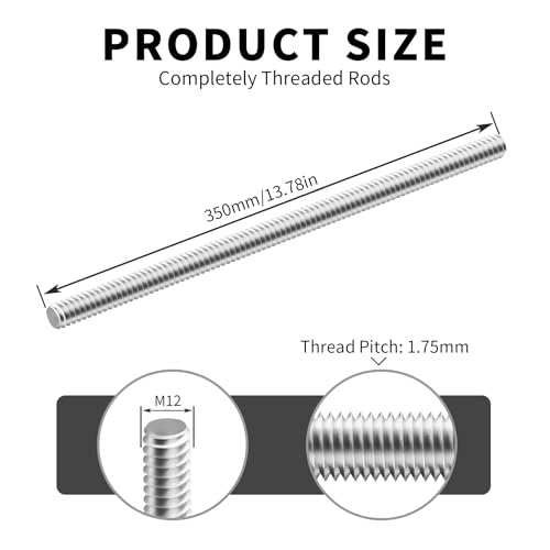 M12 x 1.75mm x 350mm Fully Threaded Rod 304 Stainless Steel Long All Threaded Screw Bar Studs Right Hand Threads for Anchor Bolts Clamps Hangers (Pack of 2) M12 x 1.75mm x 350mm