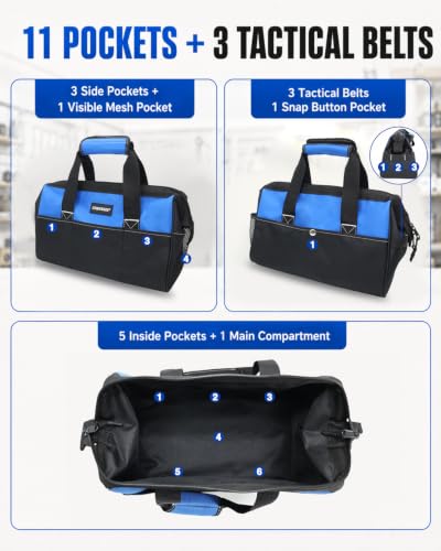 COMOWARE 13-Inch Tool Bag, Zip-top Wide Mouth Open top Tool Bag, Large Capacity Tool Organizer with Inside Pockets, Blue Tool Tote Bag for Carpenter, Mechanic and Home Repair