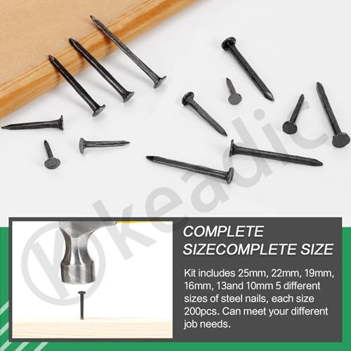Keadic 1200Pcs Black High Strength Nails Kit, 10/13/16/19/22/25mm Black Shoes Nails Assortment Kit Metal Nails Tacks Anti-Slip Carbon Steel Nails Tacks Replacement for Boots Leather Repairs