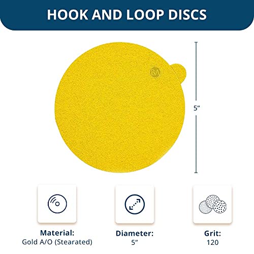 Benchmark Abrasives 5" PSA Gold Adhesive DA Sanding Discs Aluminum Oxide Grains Designed for Surface Blending Edge Sanding General Stock Removal Orbital Sanders (50 Pack) - 120 Grit