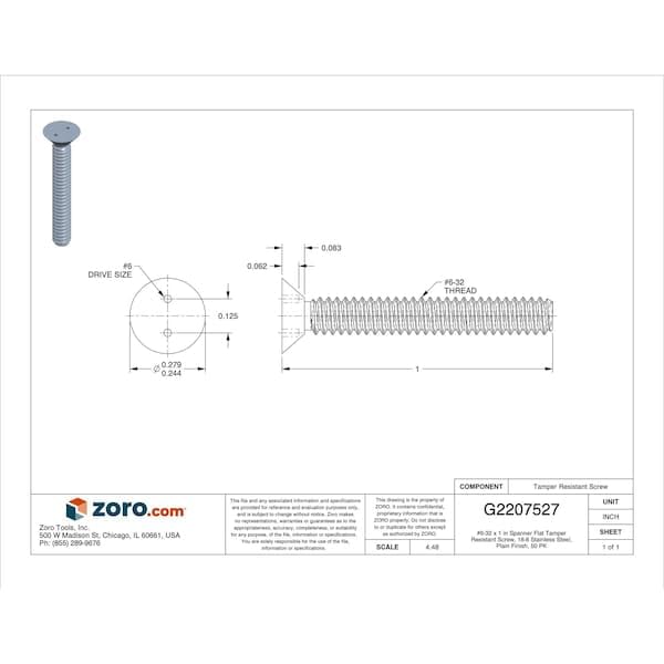 121740, Mach Screw, Flat, 6-32 x 1 L, PK50