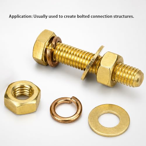 4pcs 1/4-20 x 1 Hex Screw Bolts + Hexagon Nuts + Flat Washers + Spring Lock Washers Kit, Conductive Brass Copper Hex Head Bolt, Full Threaded Heavy Duty Screw Bolts Kit 1/4-20 x 1", 4pcs