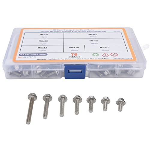 Flanged Hex Head Bolts 70 Pcs M5 Flange Hexagon Screws Stainless Steel Flanged Hex Head Bolts Assortment Kit Hardware Accessory
