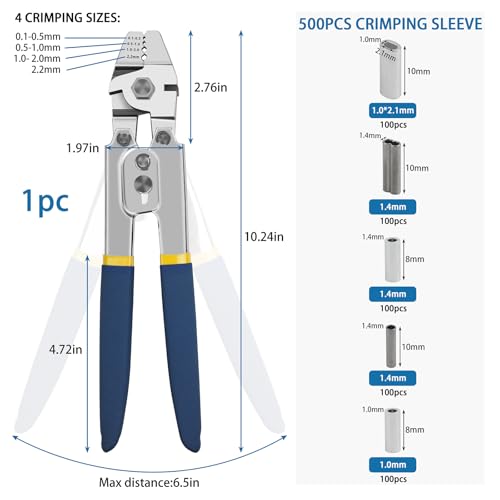 Fishing Crimping Tool Kit, Fishing Crimping Pliers Wire Rope Crimping Tool with 500pcs Crimp Sleeves Kit, Heavy Duty Stainless Steel Fishing Crimper Pliers Wire Cutters Line Crimps Sleeves