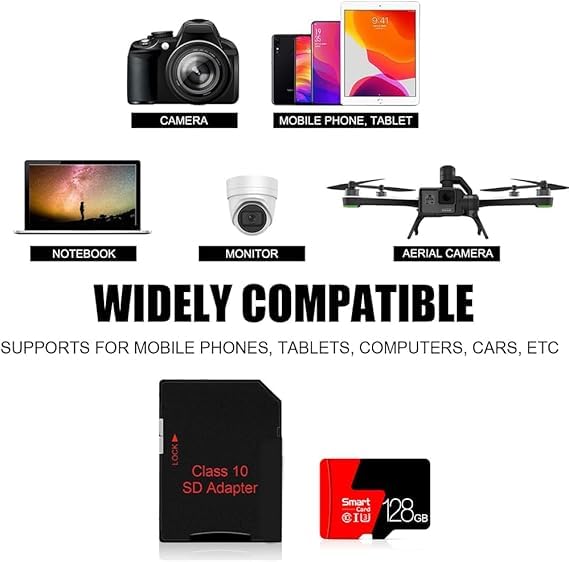 128GB High Speed SD Card with Adapter, TF Card for Security Cameras, Smartphones,Tablets,Drones - U3,Class 10,A1,Full HD Video (Black)