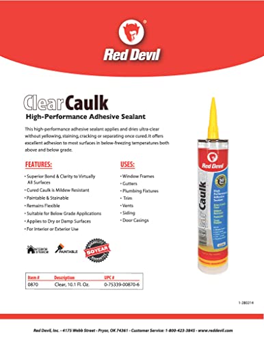 Red Devil 0870 Clear Caulk High Performance Adhesive Sealant, 10.1 Oz., Clear, 1 Pack 10.1 Oz.