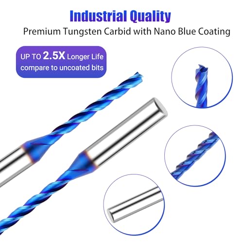 CNC Router Bits 1/8'' Cutting Dia 1/4 inch Shank Upcut Spiral Router Bit, 2PCS 3-Flutes Extra Long Carbide End Mills with Coating for Wood PVC Engraving 1-1/4'' Cutting Length Spiral Router Bits 2