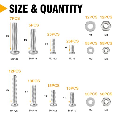 351pcs 304 Stainless Steel Cross Recessed Machine Screw Bolts Nut Washer Assortment Kit - (M3/M4/M5) 8 Sizes for Mechanical Assembly, DIY Projects, Electronics Repair.