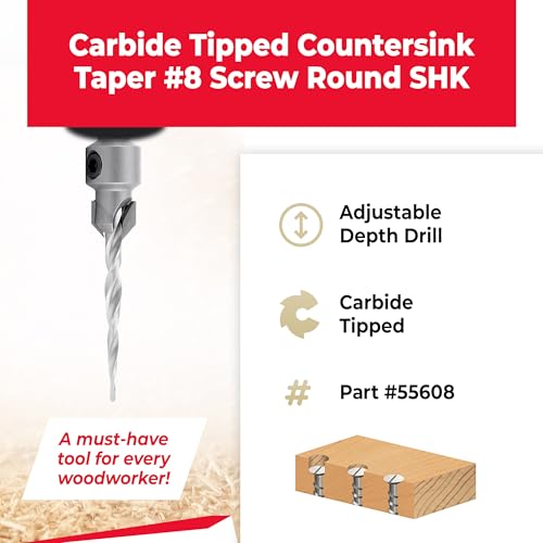 Amana Tool Carbide Tipped 82 Degree Countersink Tapered Drill Bit, 55608, 8 Screw, 7/16 D x 11/64 Drill Dia x 5/16 Round Shank