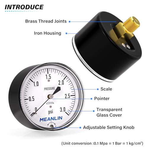 MEANLIN MEASURE 0-3psi Diaphragm Type Capsule Low Pressure Gauge 1/4" NPT 2-1/4" FACE DIAL Adjustable Water Column Gauge, with 1/4" x 1/2" NPT and 1/4" x 3/8" NPT Hex Bushing, Back Mount 0~3Psi