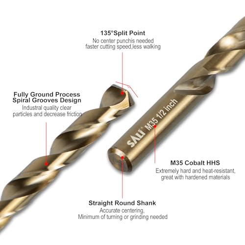 SALI Cobalt Drill Bit Set, 5Pcs 1/2" M35 High Speed Steel Jobber Length Drill Bit Kit for Hardened Metal, Stainless Steel, Cast Iron, Wood and Plastic, with Index Storage Case 1/2 Inch 5