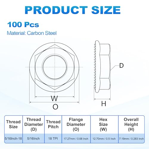 100Pcs Serrated Flange Hex Nut-5/16-18-UNC Carbon Steel Zinc Plated Blue White 5/16"-18 100