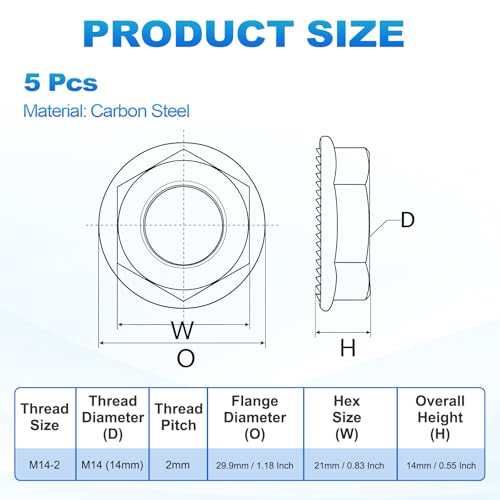 5Pcs Serrated Flange Hex Nuts M14-2 Coarse Carbon Steel Black Oxide 5