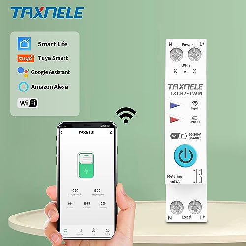 TUYA WiFi Smart Circuit Breaker Power Metering Energy Meter KWh 1P 230V 63A Voltmeter Ammeter Energy Meter DIN Rail Smart Life Wireless Remote Control Switch Timer Voice Control (20A) 20A